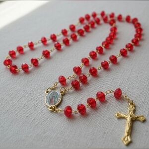 Gold and Red Beaded Rosary, Catholic Rosary, Cross Necklace, Cross Pendant